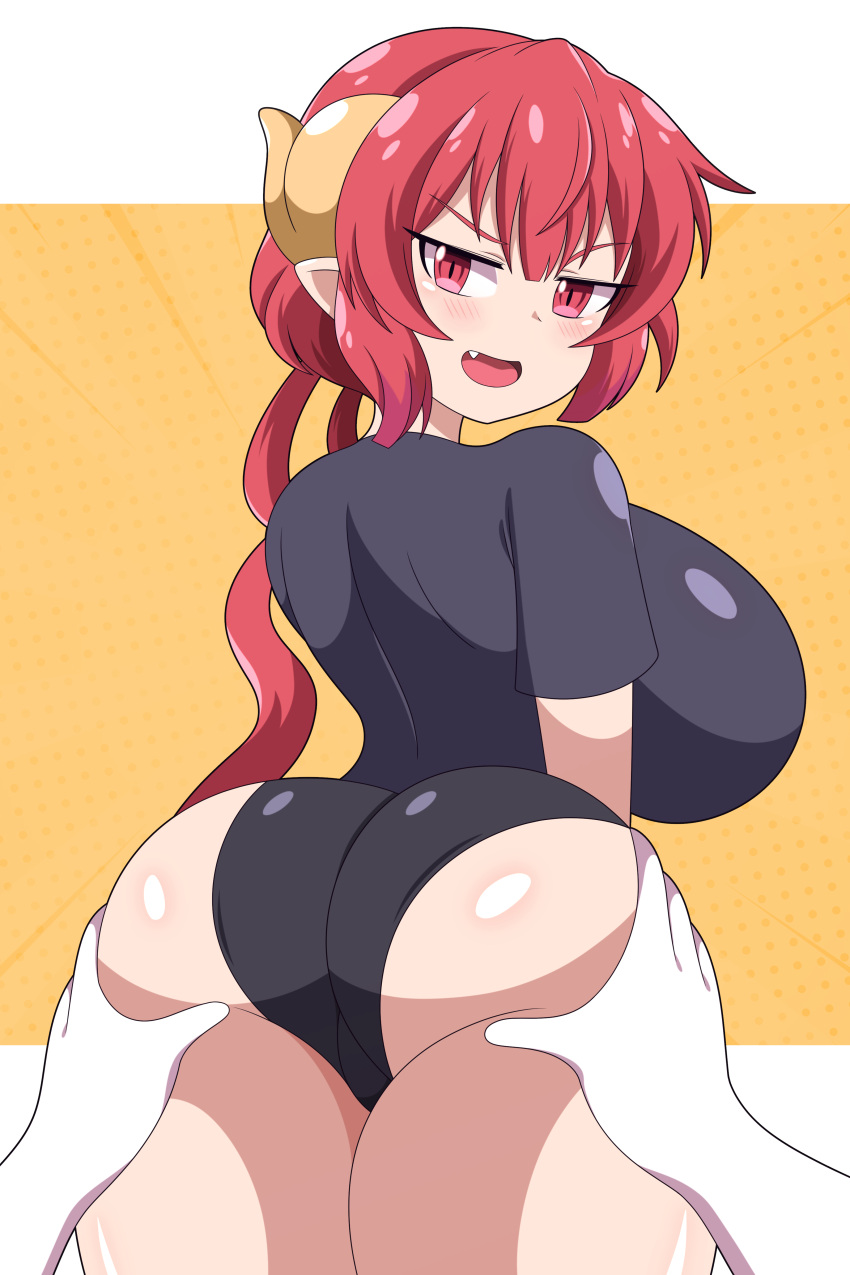 1girls abysswatchers ass ass_grab breasts butt clothed dat_ass disembodied_hand dragon_girl dragon_horns female hi_res horns huge_ass huge_breasts ilulu_(dragon_maid) large_breasts light-skinned_female light_skin long_hair looking_back miss_kobayashi's_dragon_maid naughty_face pink_eyes pink_hair rear_view shortstack