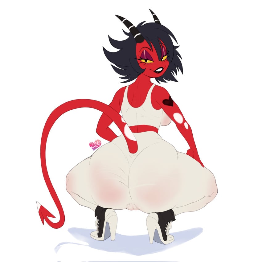 ass big_ass big_thighs black_hair breasts demon demon_girl demon_horns demon_tail gigantic_ass helluva_boss huge_ass huge_thighs looking_at_viewer millie_(helluva_boss) nagainosfw short_hair smile smiling tagme thick_hips thick_thighs thighs