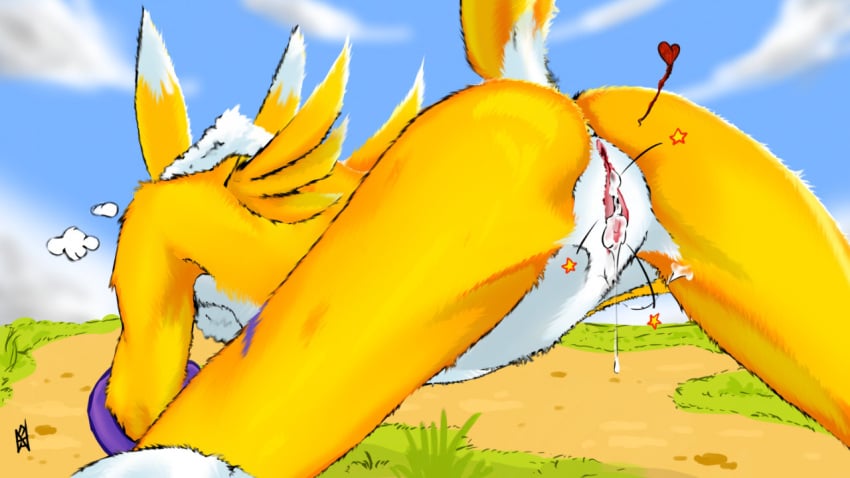 1girls after_sex all_fours anthro bandai_namco bodily_fluids cum cum_in_pussy cum_inside digimon digimon_(species) female female_only feral genital_fluids leaking_cum nahadon outside renamon solo