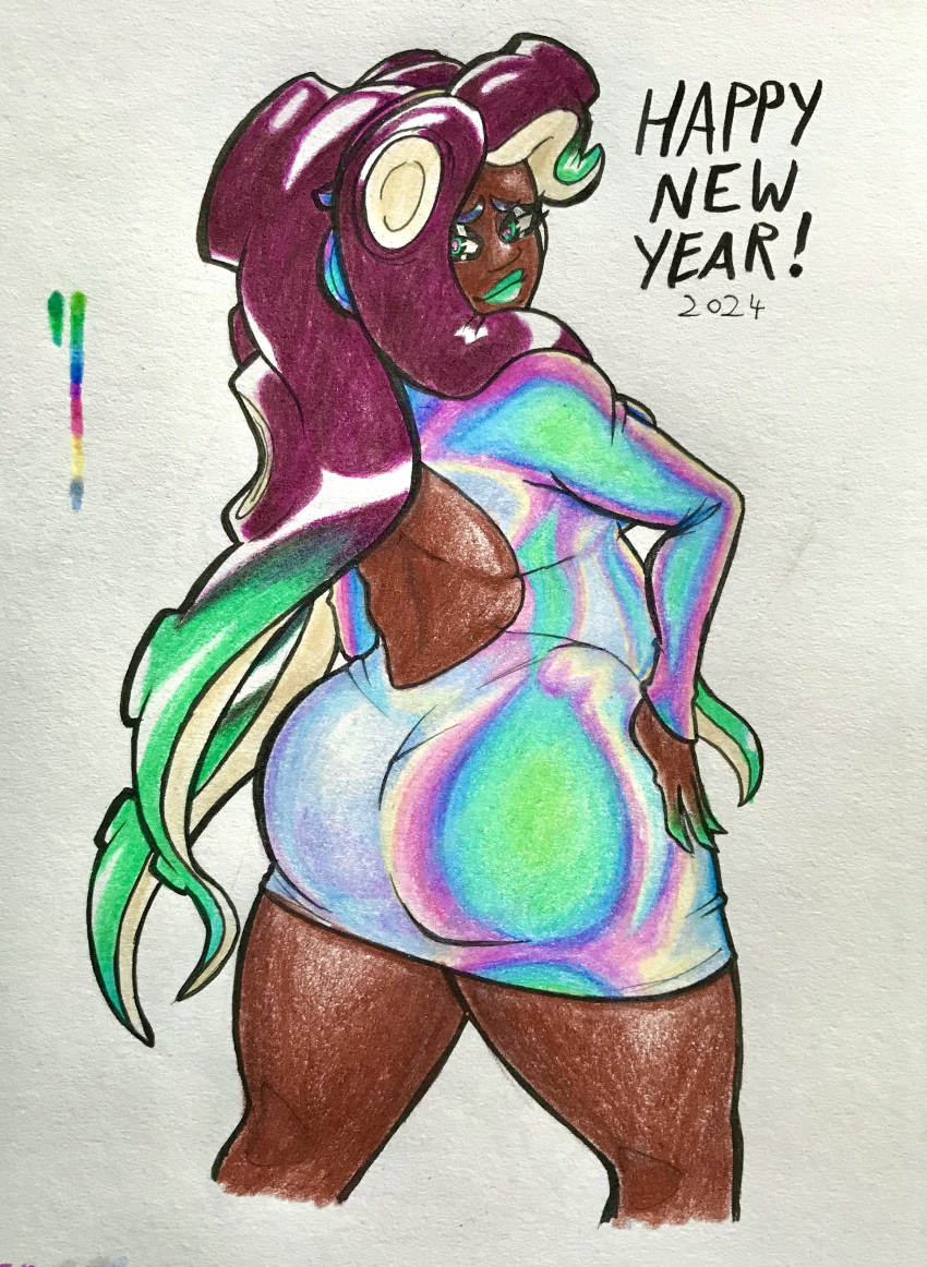 ass ass_focus big_ass big_butt bubble_butt chubby chubby_female clothing dat_ass dress female female_only holographic large_ass lipstick looking_at_viewer looking_back marina_(splatoon) new_year off_the_hook_(splatoon) oh_gosh_levi pose posing short_dress splatoon thick thick_ass thick_thighs tight_clothing tight_dress