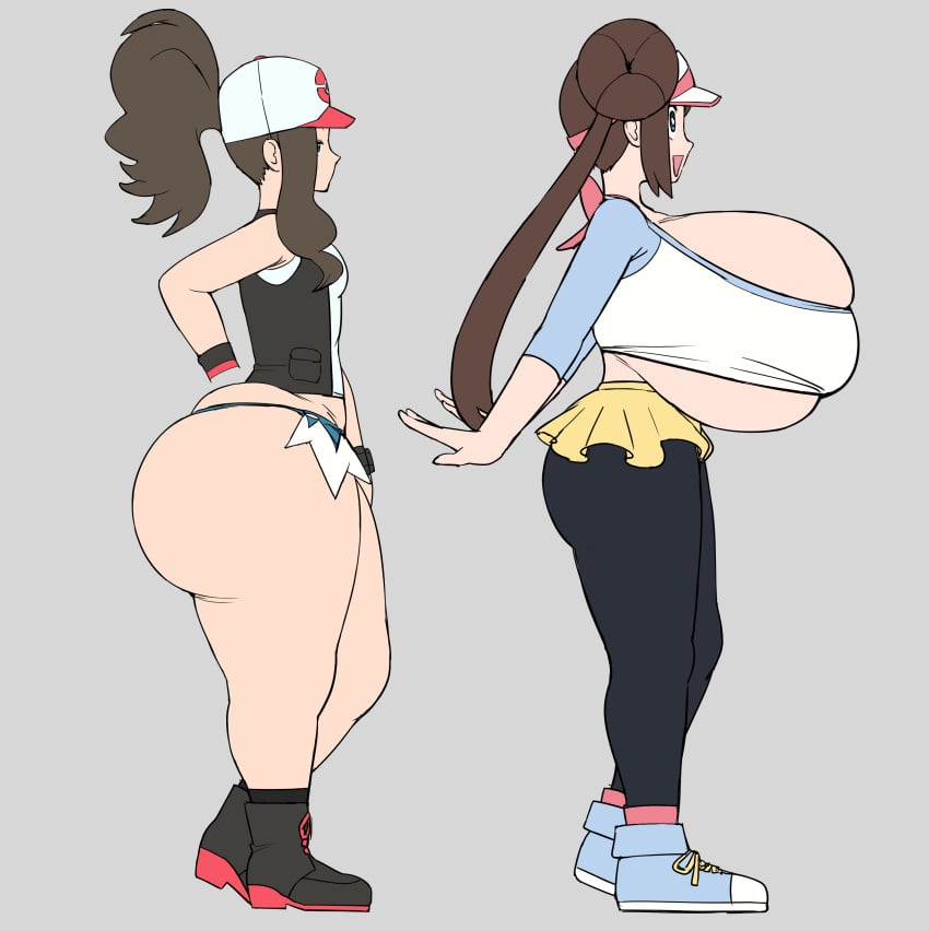 2girls ankle_socks anklehighs ass ass_size_difference ass_vs_breasts ass_window black_socks blue_eyes boob_window bottom_heavy breast_size_difference breasts brown_hair casual casual_nudity character_sheet clothed dat_ass female female_only game_freak grey_impact hat hi_res hilda_(pokemon) huge_ass huge_breasts light-skinned_female light_skin long_hair nintendo nipples_visible_through_clothing no_bra no_underwear pantyhose pantyhose_under_shorts png pokemon pokemon_bw pokemon_bw2 red_socks rosa_(pokemon) shoes side_view sideass sideboob small_breasts sneakers socks socks_and_shoes socks_over_pantyhose thick_thighs top_heavy twin_buns twintails underboob wide_hips