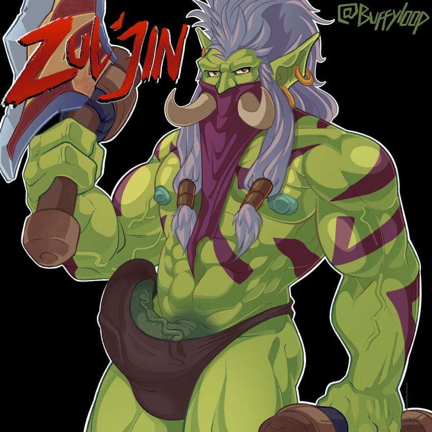 axe bara buffyloop bulge gay green_skin long_hair muscles nipples shiny_skin troll troll_(warcraft) tusks underwear underwear_only veiny_penis world_of_warcraft wow yaoi zul'jin