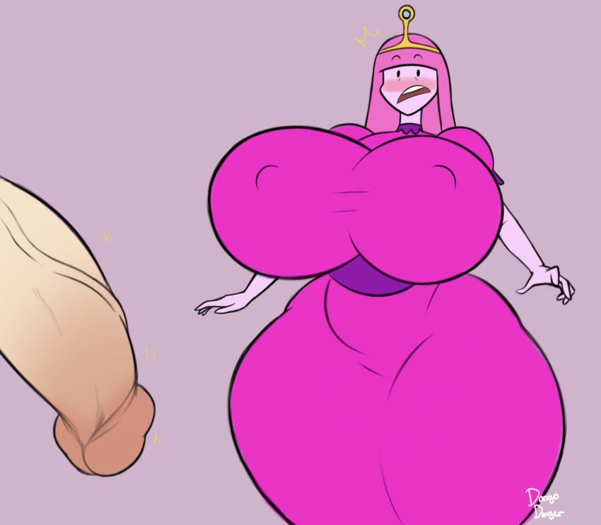 1boy 1girls adventure_time blush breasts cartoon_network clothed_female clothes dangodanger female finn_the_human huge_breasts long_hair male open_mouth penis pink_body pink_hair pink_skin princess princess_bubblegum shocked voluptuous