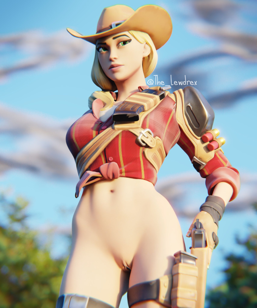 1girls 2020 3d blender blonde_hair boots clothed clothing cowgirl cowgirl_hat cowgirl_outfit epic_games female female_focus female_only fortnite fortnite:_battle_royale gun_holster half-dressed half_naked hat headwear highres lewdrex light-skinned_female light_skin nipples outdoors outside pose posing presenting presenting_pussy pussy pussy_lips pussy_peek rustler solo solo_focus standing topwear vagina watermark