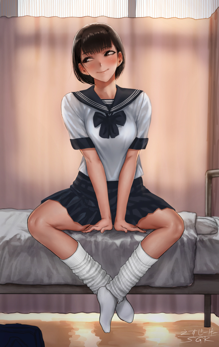 1girls absurd_res athletic athletic_female bed black_hair brown_eyes excited excited_for_sex eyebrows_visible_through_hair full_body hands_on_bed happy lifting_leg long_socks looking_away looking_up medium_breasts medium_hair on_bed original original_character school_uniform schoolgirl sgk sitting skirt solo tan_body tomboy toned toned_female