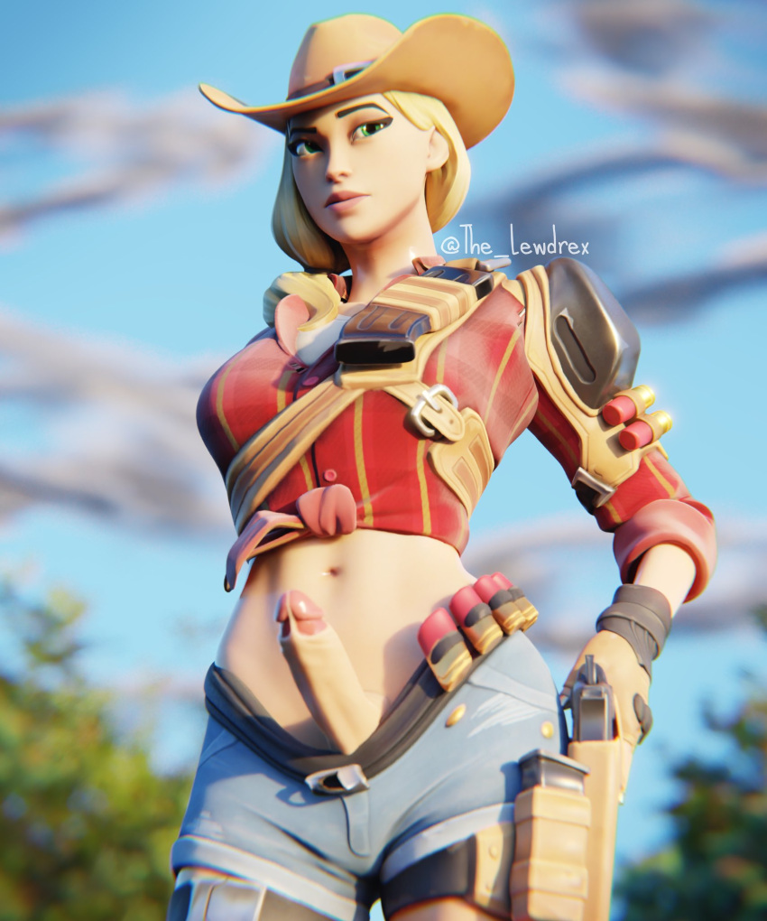 1futa 2020 3d blender blonde_hair boots clothed clothing cowgirl cowgirl_hat cowgirl_outfit epic_games erect_penis erection female female_focus female_only fortnite fortnite:_battle_royale futa_only futanari gun_holster hat headwear highres jean_shorts lewdrex light-skinned_female light-skinned_futanari light_skin nipples oil oiled oiled_body oily outdoors outside penis penis_out pose posing presenting presenting_penis rustler shiny shiny_skin solo solo_focus standing topwear watermark