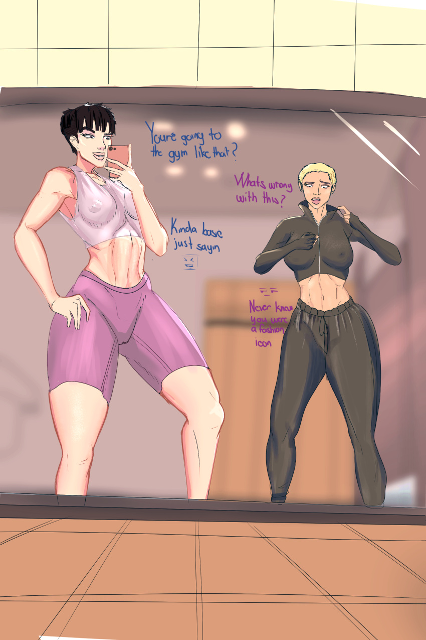 alissa_(zeaery) big_breasts black_hair blonde_hair gym_clothes light-skinned_female naomi skin_tight zeaery