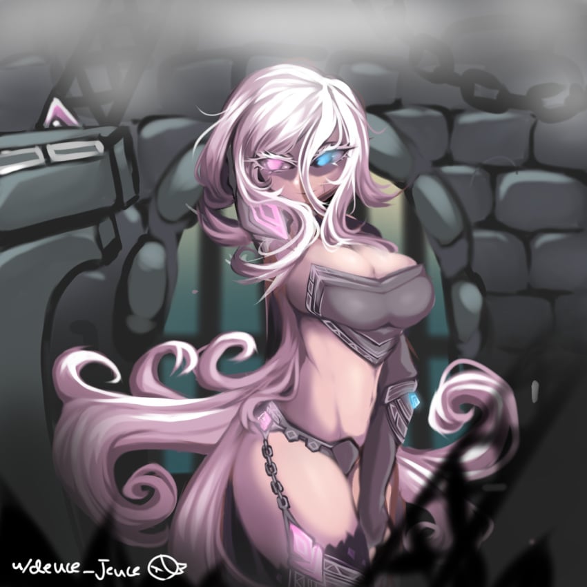 blue_eyes deuce_jeuce dungeon geometry_dash half-dressed large_breasts pink_eyes pink_hair