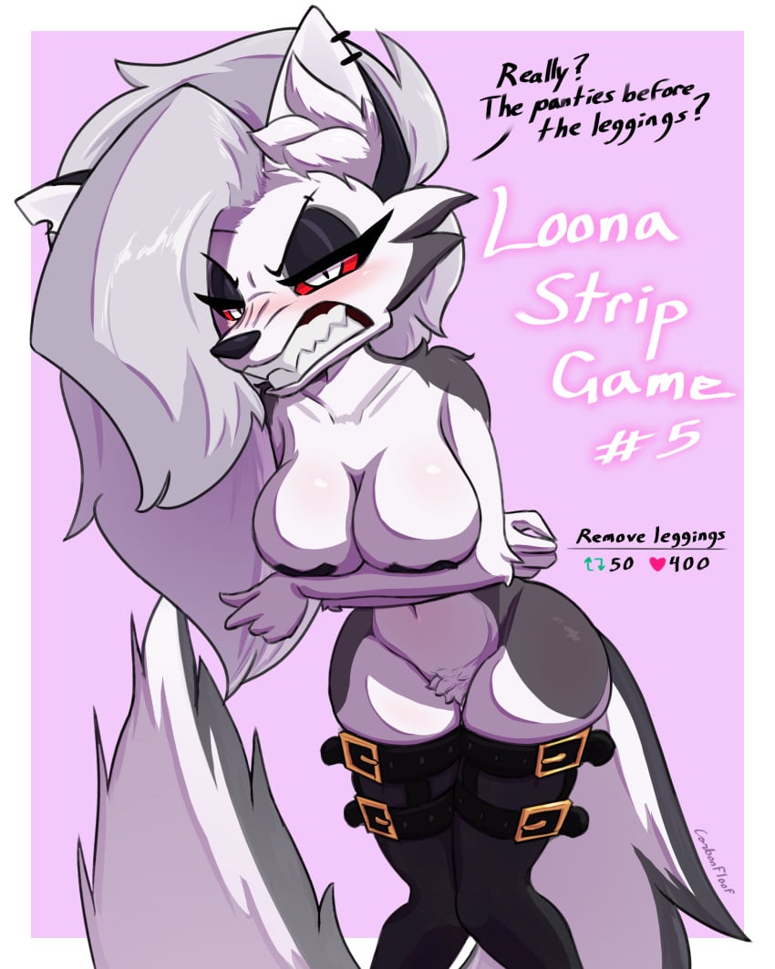 angry anthro belly_button breasts carbonfloof demon furry hellhound helluva_boss leggings looking_at_viewer loona_(helluva_boss) nude sharp_teeth strip_game topless