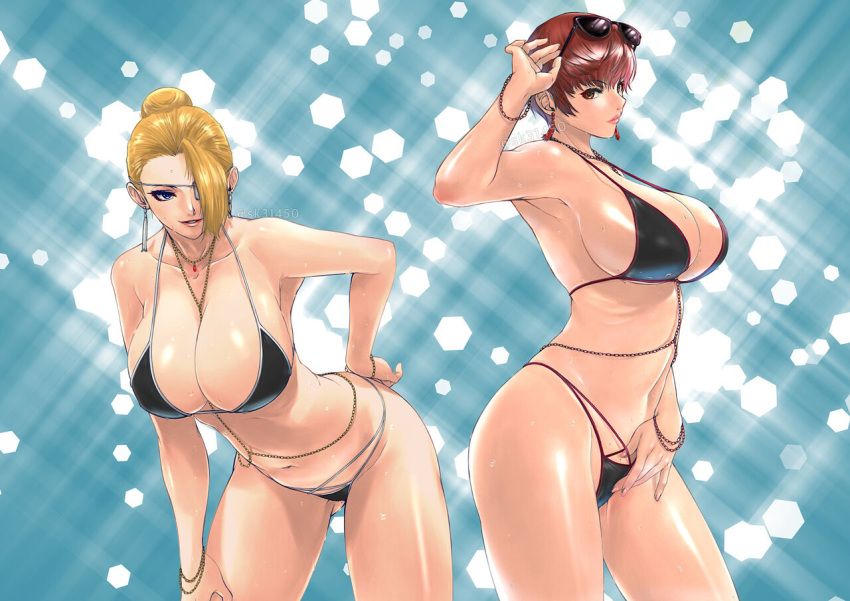 2girls bikini black_bikini blonde_hair blue_background bracelet brown_hair bun_hair clavicle cleavage cowboy_shot earrings eyepatch female female_only huge_breasts king_of_fighters leaning_forward lifting_sunglasses looking_at_viewer mature_(kof) multiple_girls navel one_eye_covered one_eye_obstructed short_hair short_hair_female sk31450 snk sunglasses sunglasses_on_head swimsuit vice_(kof) wet