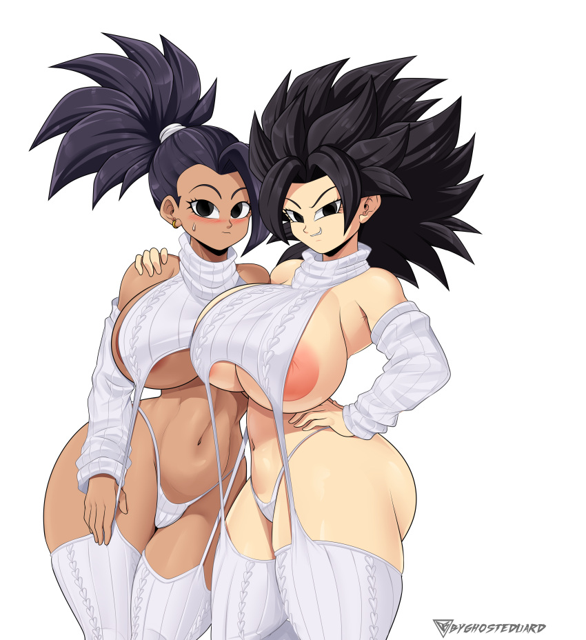 2girls absurd_res big_breasts black_hair blush byghosteduard caulifla chocolate_and_vanilla cleavage curvaceous dragon_ball dragon_ball_super dragon_ball_z female female_only female_saiyan hi_res kale large_breasts multiple_girls navel nipples open_mouth pussy strip_game sweat thick_thighs thighs universe_6/universe_7 universe_6_girls universe_6_saiyan/universe_7_saiyan virgin_destroyer_sweater wide_hips