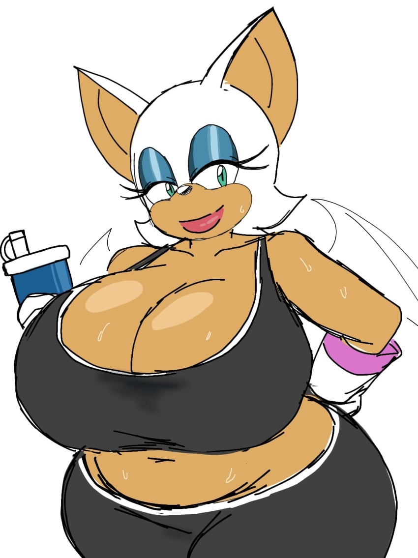 big_breasts bimbo chubby large_breasts momiji_(artist) rouge_the_bat sonic_(series) sports_bra sweat thick