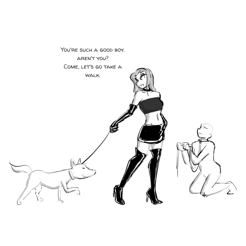 1boy 1boy1girl 1female 1girls 1male black_and_white boots canine celera_prime clothed_female clothed_female_nude_male dominatrix elbow_gloves english english_text female femdom femdom_caption funny gloves high_heel_boots high_heels leash leash_and_collar leash_pull long_gloves male meme miniskirt nude_male original original_character original_characters skirt thigh_boots thigh_high_boots