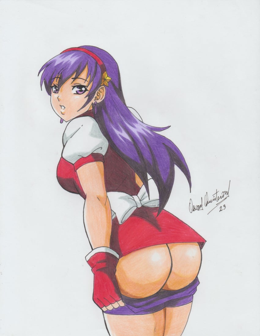 1girls artist_name ass athena_asamiya big_ass big_breasts bike_shorts bike_shorts_pull bow breasts busty chinese_clothes come_hither fat_ass female fingerless_gloves gloves hairbow highres king_of_fighters large_breasts legs long_hair looking_at_viewer looking_back parted_lips purple_eyes purple_hair ravern_clouk sensual sideboob thighs traditional_media undressing