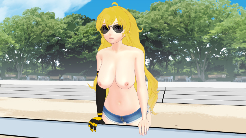 1girls 3d 3d_(artwork) aviator_sunglasses blonde_female blonde_hair breasts casual casual_nudity casual_topless clothing eyewear female half-dressed half_naked human long_hair long_hair_female nipple_piercing nonsexual_nudity pale_skin public purple_eyes robotic_arm rwby sunglasses theblackbirdcalls tinted_eyewear yang_xiao_long