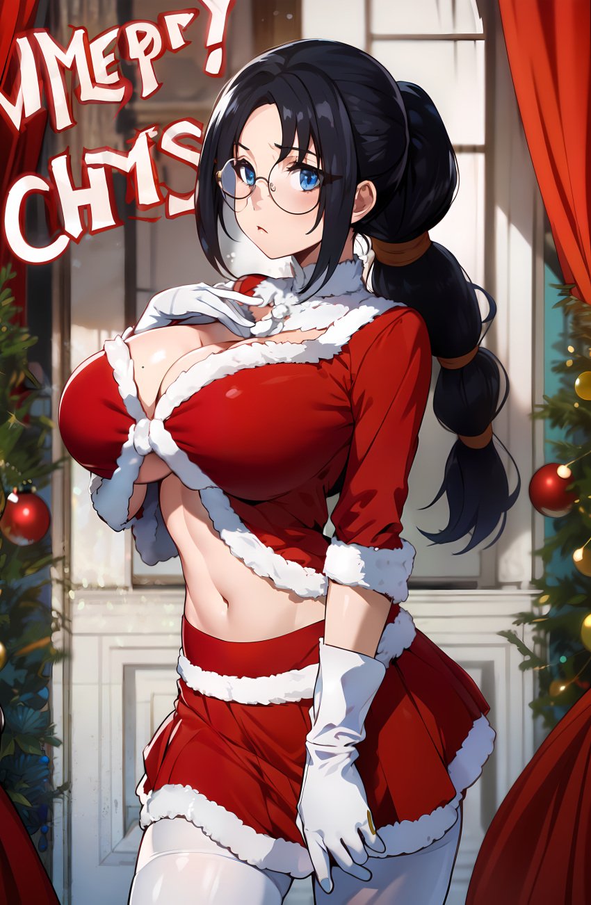 ai_generated bangs black_hair bleach blue_eyes breasts christmas christmas_outfit female glasses gloves katori_batsu'unsai large_breasts large_eyes large_glasses long_hair long_ponytail merry_christmas midriff nai_diffusion navel pale_skin pantyhose petite ponytail santa santa_costume skirt solo stable_diffusion thighhighs thin_eyebrows tied_hair unstable_diffusion