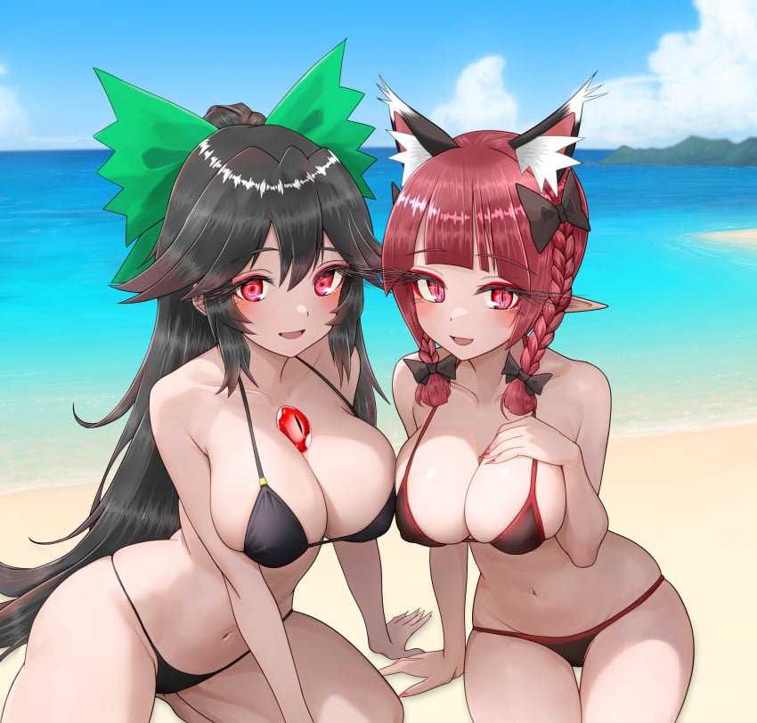 2girls absurdres animal_ear_fluff animal_ears bare_shoulders barefoot beach bikini black_bikini black_bow black_hair blue_sky blunt_bangs blush bow braid breasts cat_ears cat_girl cleavage cloud cloudy_sky collarbone day green_bow hair_between_eyes hairbow hand_on_own_chest highres hill kaenbyou_rin kneeling large_breasts long_eyelashes long_hair looking_at_viewer multiple_girls nail_polish navel ocean open_mouth outdoors pointy_ears ponytail red_bikini red_eyes red_hair reiuji_utsuho rin_kaenbyou sand sitting sky stomach sugar_you swimsuit thighs tongue touhou twin_braids utsuho_reiuji water