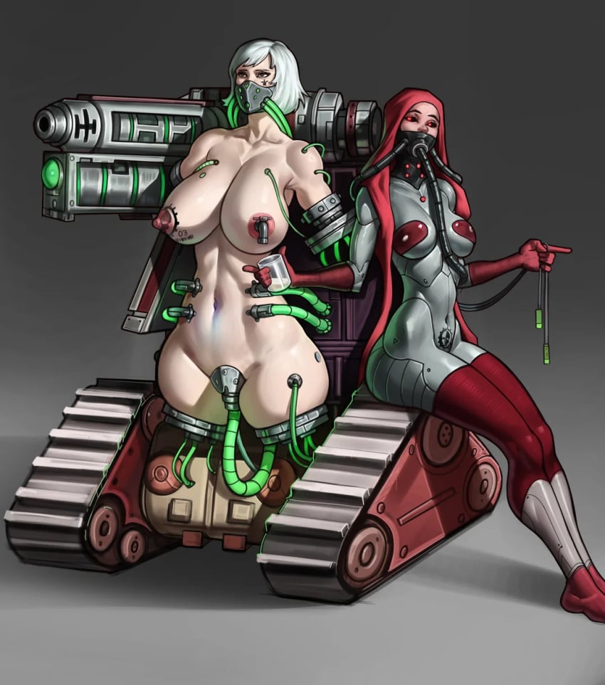 2girls adepta_sororitas adeptus_mechanicus admech amputee augmentation barcode barcode_tattoo big_breasts black_sclera breasts collisiondazer cybernetics drinking_fountain facemask female femdom femsub fit_female glowing_eyes human imperium_of_man kataphron kataphron_breacher kataphron_destroyer large_breasts lobotomy mask metallic_body milk milking milking_machine multiple_girls pale_skin quadruple_amputee red_eyes servitor sister_of_battle tattoo tattoo_on_breast tattoo_on_face technology technophilia techpriest treads tubes warhammer_(franchise) warhammer_40k weapon white_hair