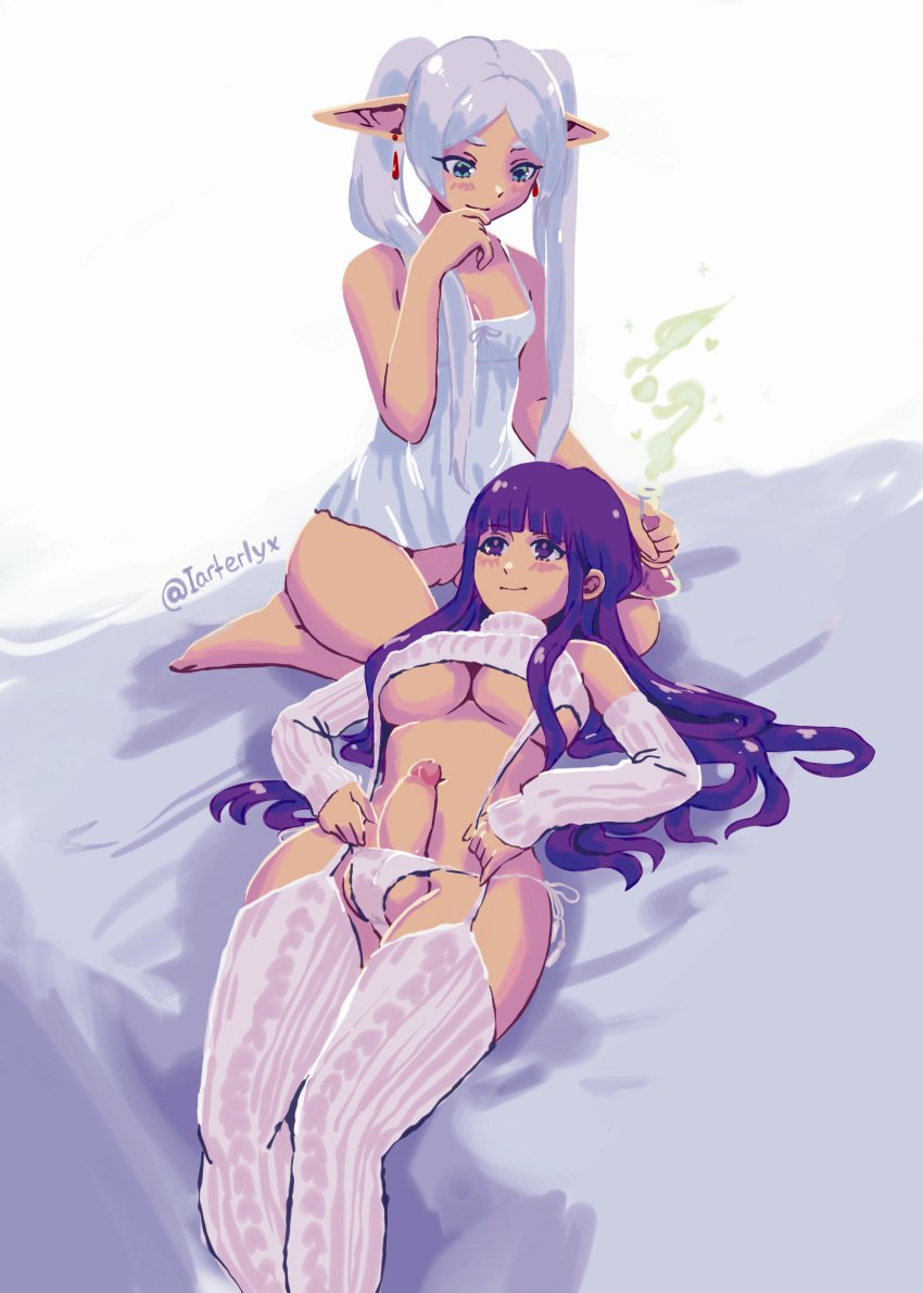 1futa 1girls 2024 alchemist balls ballsack bed big_breasts blush clothed clothing curious digital_drawing_(artwork) duo earrings elf elf_ears elf_female erection female fern_(sousou_no_frieren) frieren futa_on_female futanari hi_res highres hourglass_figure huge_hips human humanoid iarterlyx imminent_sex kneeling light-skinned_female light-skinned_futanari light_skin long_hair lying mostly_nude on_back penis potion purple_hair pussy simple_background sleeves small_breasts sousou_no_frieren stockings sweater twintails underboob virgin_destroyer_sweater white_hair wide_hips