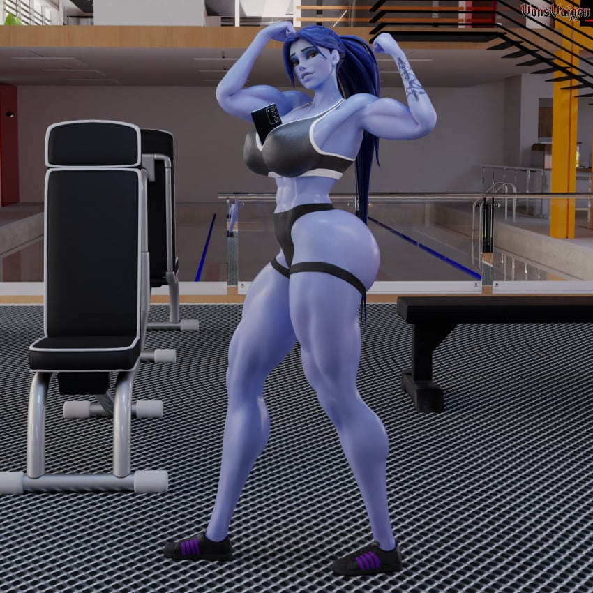 1girls 3d abs alternate_version_available amelie_lacroix big_breasts blizzard_entertainment cleavage_selfie female female_only fit fit_female gym looking_at_viewer muscular muscular_female overwatch overwatch_2 phone_between_breasts phone_in_breasts phone_in_cleavage purple_skin selfie solo sports_bra tattoo thick_thighs thong vonsvaigen wide_hips widowmaker wink winking yellow_eyes