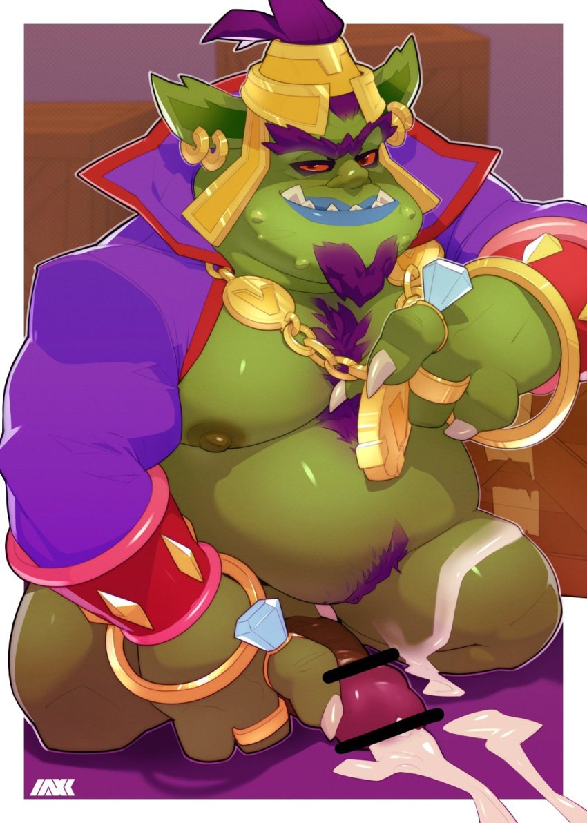 1boy activision alien alien_humanoid belly big_belly blue_lips bodily_fluids body_hair censor_bar chest_hair claws clothing crash_(series) crash_nitro_kart crash_team_racing_nitro-fueled cum ear_piercing ear_ring emperor_velo_xxvii facial_hair gay genital_fluids genitals goatee green_body green_skin hair happy_trail hi_res humanoid jewelry lips male male_only medallion naxynaxx nipples orc orc_male overweight overweight_male penis piercing purple_hair red_eyes ring ring_piercing robe sharp_teeth solo teeth underbite video_games yaoi