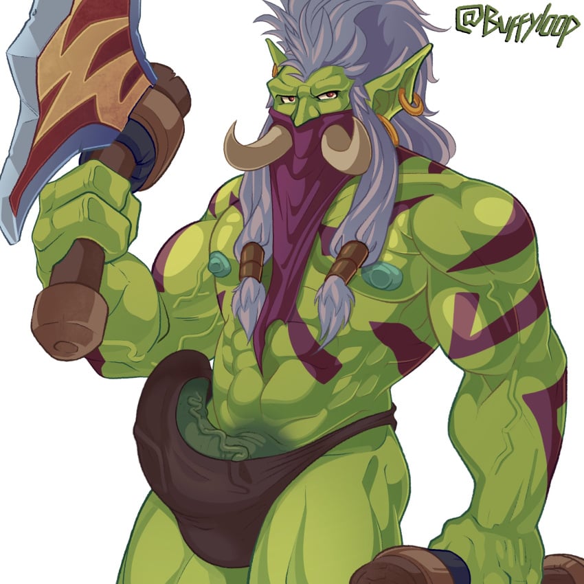 axe bara buffyloop bulge gay green_skin long_hair muscles nipples shiny_skin troll troll_(warcraft) tusks underwear underwear_only veiny_penis world_of_warcraft wow yaoi zul'jin