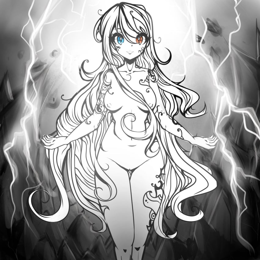 black_and_white blue_eyes female geometry_dash lighting red_eyes white_hair yin_yang