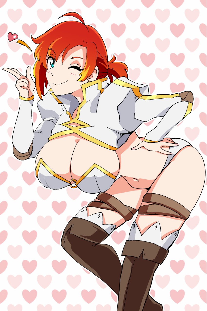 41_(taskmaster41) absurdres aqua_eyes bikini blush boots boudica_(fate) boudica_(fate/grand_order) breasts brown_footwear cleavage closed_mouth earrings fate/grand_order fate_(series) female hand_on_own_hip heart heart_background highleg highleg_bikini highres jewelry juliet_sleeves knee_boots large_breasts leaning_forward long_sleeves looking_at_viewer multi-strapped_bikini o-ring one_eye_closed puffy_sleeves red_hair short_hair short_ponytail shrug_(clothing) smile solo swimsuit thigh_strap thighs white_bikini