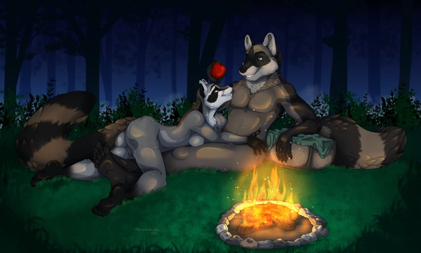 2024 5_fingers 5_toes anthro anthro_on_anthro apple ass black_nose breasts campfire casual_nudity claws cuddling duo feet female finger_claws fingers fire firelight food fruit fur genitals gloves_(marking) grey_body grey_fur grin hi_res hindpaw humanoid_hands intimate leg_markings male male/female mammal markings nature naturism night nude oli_snowpaw outdoor_nudity outside paws plant procyonid pussy raccoon romantic romantic_ambiance romantic_couple sitting smile social_nudity socks_(marking) story story_in_description teeth toe_claws toes