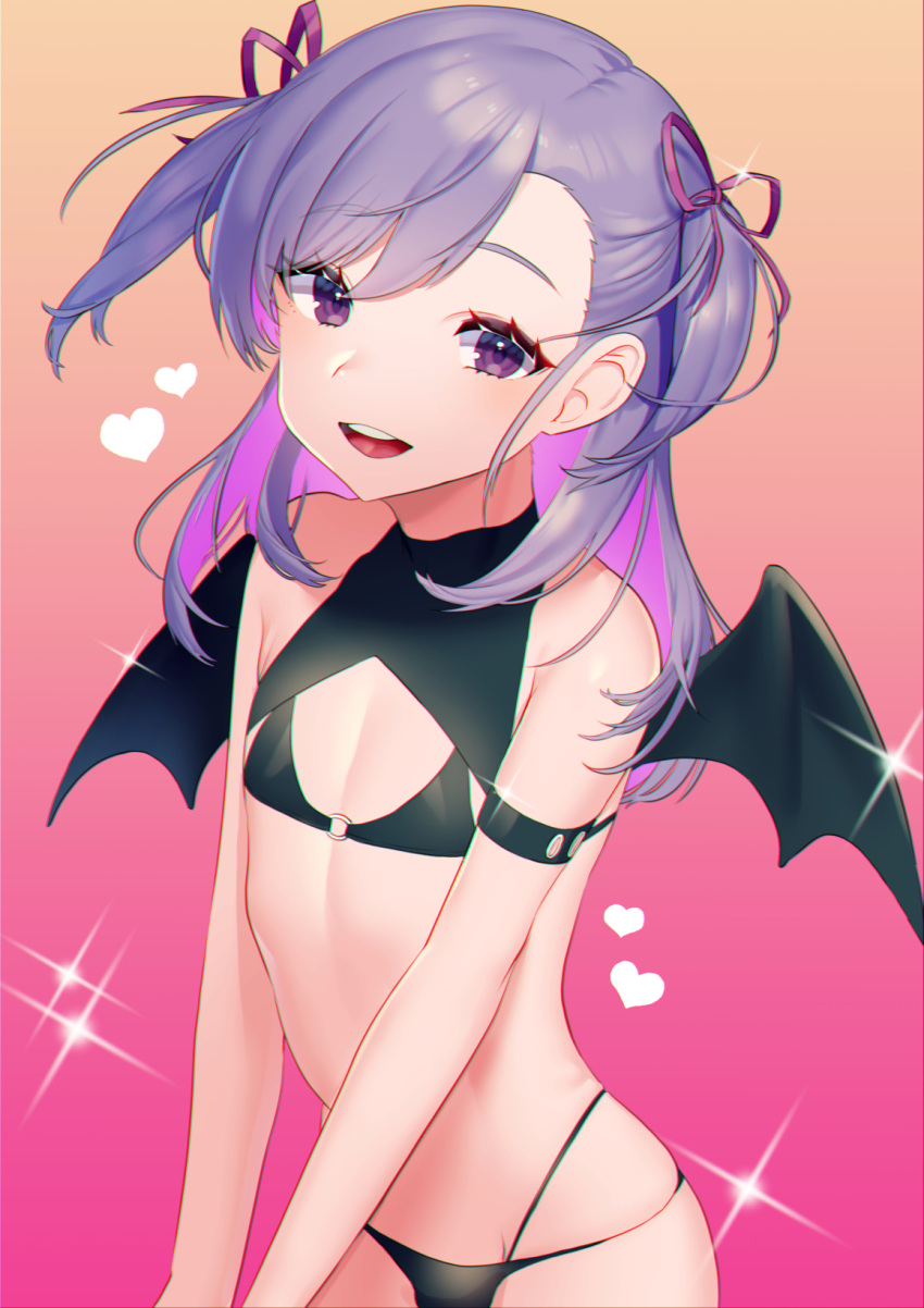 1boy 1femboy blush bra bulge chromatic_aberration clothing crossdressing demon_wings femboy femboy_only girly gradient gradient_background hair_ornament hair_ribbon heart high_resolution male male_focus male_only mizuki_eiru_(akagi_kurage) open-mouth_smile open_mouth otoko_no_ko panties purple_background purple_eyes purple_hair ribbon simple_background skindentation smile solo sparkle thong trap two_side_up underwear wings yellow_background