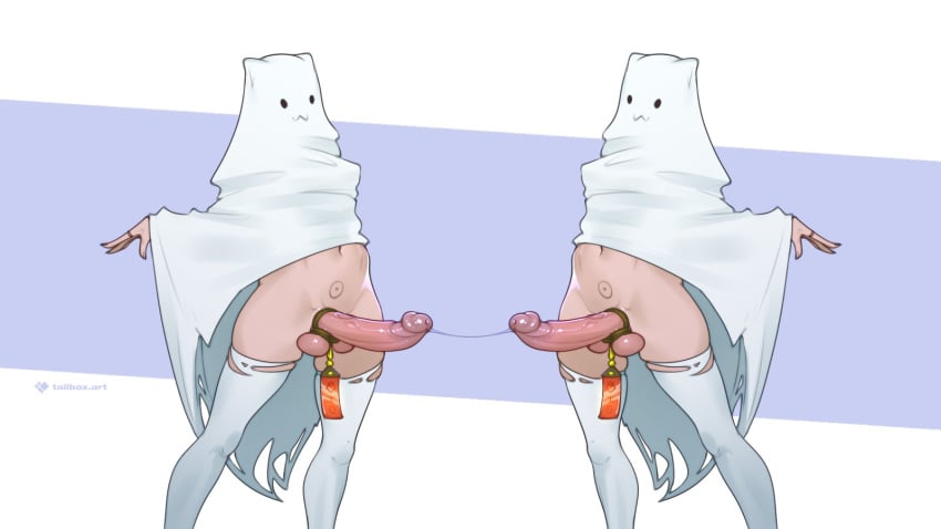 2boys artist_name cock_ring erection femboy highres large_penis male male_focus male_only multiple_boys navel original otoko_no_ko penis sex_toy sheet_ghost tailbox testicles thighhighs white_background