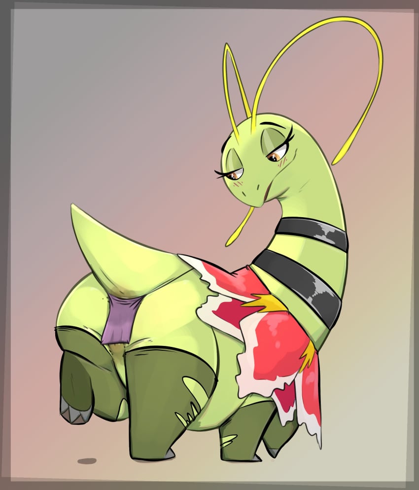 4_legs absurd_res blush blush_lines cloth clothed clothing female feral generation_2_pokemon green_body hi_res honeymono leggings legwear looking_down meganium neck_tuft nintendo partially_clothed pokemon pokemon_(species) raised_leg raised_tail solo stockings tail torn_clothing torn_legwear torn_stockings tuft yellow_eyes