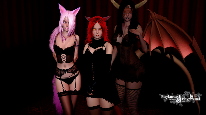 3d 3d_model 3females 3girls black_clothes black_clothing black_dress black_hair black_legwear black_lips black_lipstick black_panties black_stockings blind blindfold blindfolded cat_ears cat_girl cat_humanoid catgirl demon_girl demoness dress exxora female_only fishnet_legwear fishnet_stockings fishnets fox_ears fox_girl fox_humanoid foxgirl group heart_tattoo island leona_phoenix lingerie long_ears long_hair miqo'te multiple_girls necklace only_female orange_eyes pink_eyes pink_hair pink_lips pink_lipstick red_hair red_hair_female red_lips red_lipstick riaykura riaykuras_playground scarf self_upload smile stockings tail winged_humanoid wings