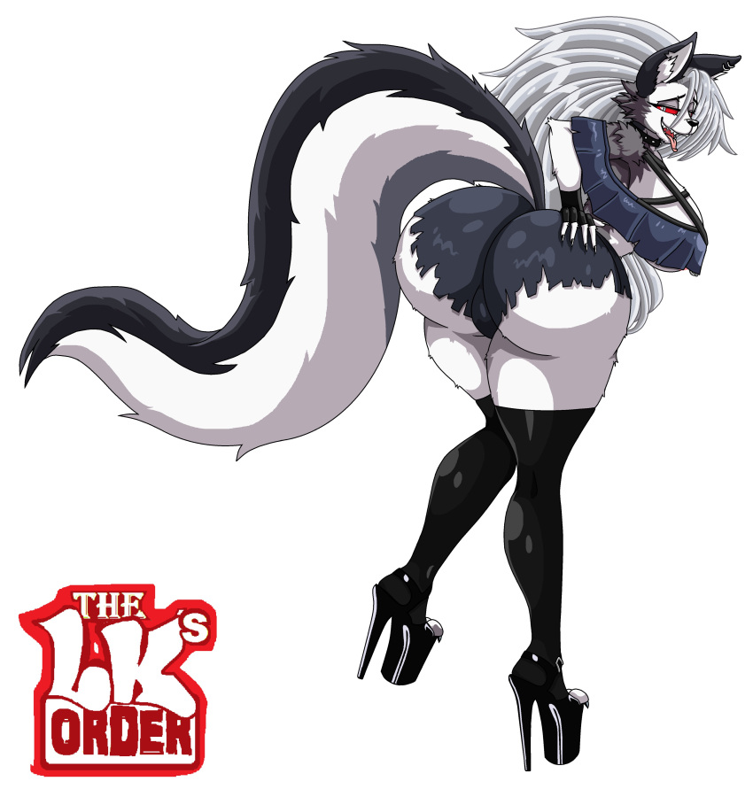 anthro big_breasts black_nose canid canine canis demon ear_piercing fur grey_body grey_fur grey_hair hair hellhound helluva_boss high_heels huge_breasts long_hair long_tail loona_(helluva_boss) mammal open_mouth open_smile piercing platform_heels red_sclera smile tail teeth thelksorder tongue tongue_out white_body white_eyes white_fur wolf