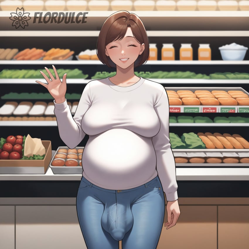 1futa ai_generated brown_eyes brown_hair bulge bulge_through_clothing cameltail closed_eyes erect_penis erection erection_under_clothes erection_under_clothing flordulce futa_only futanari grocery_store indoors jeans milf penis pregnant pregnant_belly pregnant_futa sagging_breasts saggy_breasts short_hair smile smiling solo standing supermarket sweater waving white_sweater