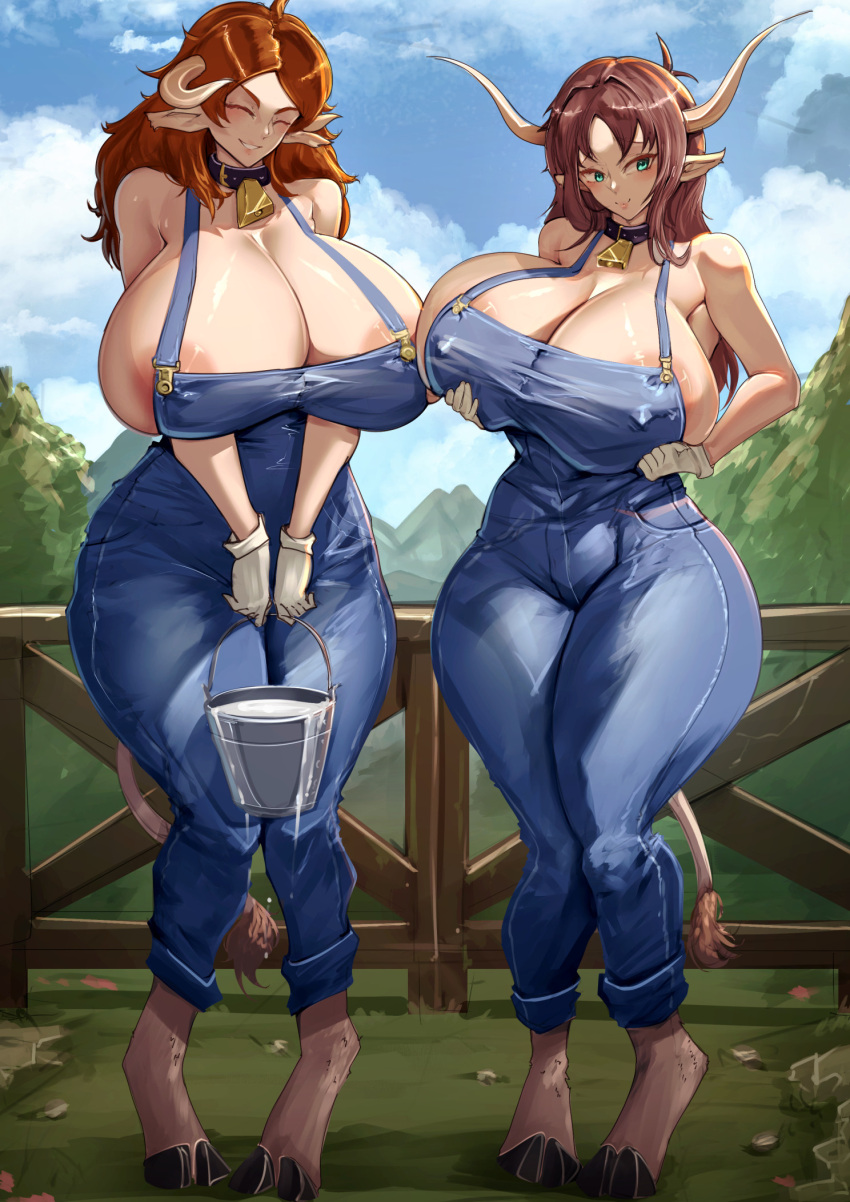 2girls collar cowbell cowgirl cowgirl_outfit curvy curvy_body farm horn large_breasts long_hair manob0028 minotaur minotaur_female monster_girl multiple_girls thighs