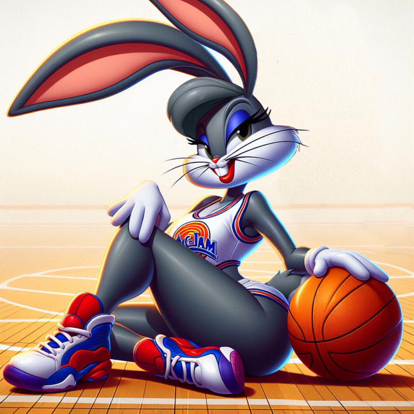 ai_generated anthro basketball basketball_uniform bugs_bunny feminization grey_body grey_fur lagomorph legs_crossed leporid looney_tunes makeup mammal rabbit rule_63 seductive_look short_shorts space_jam