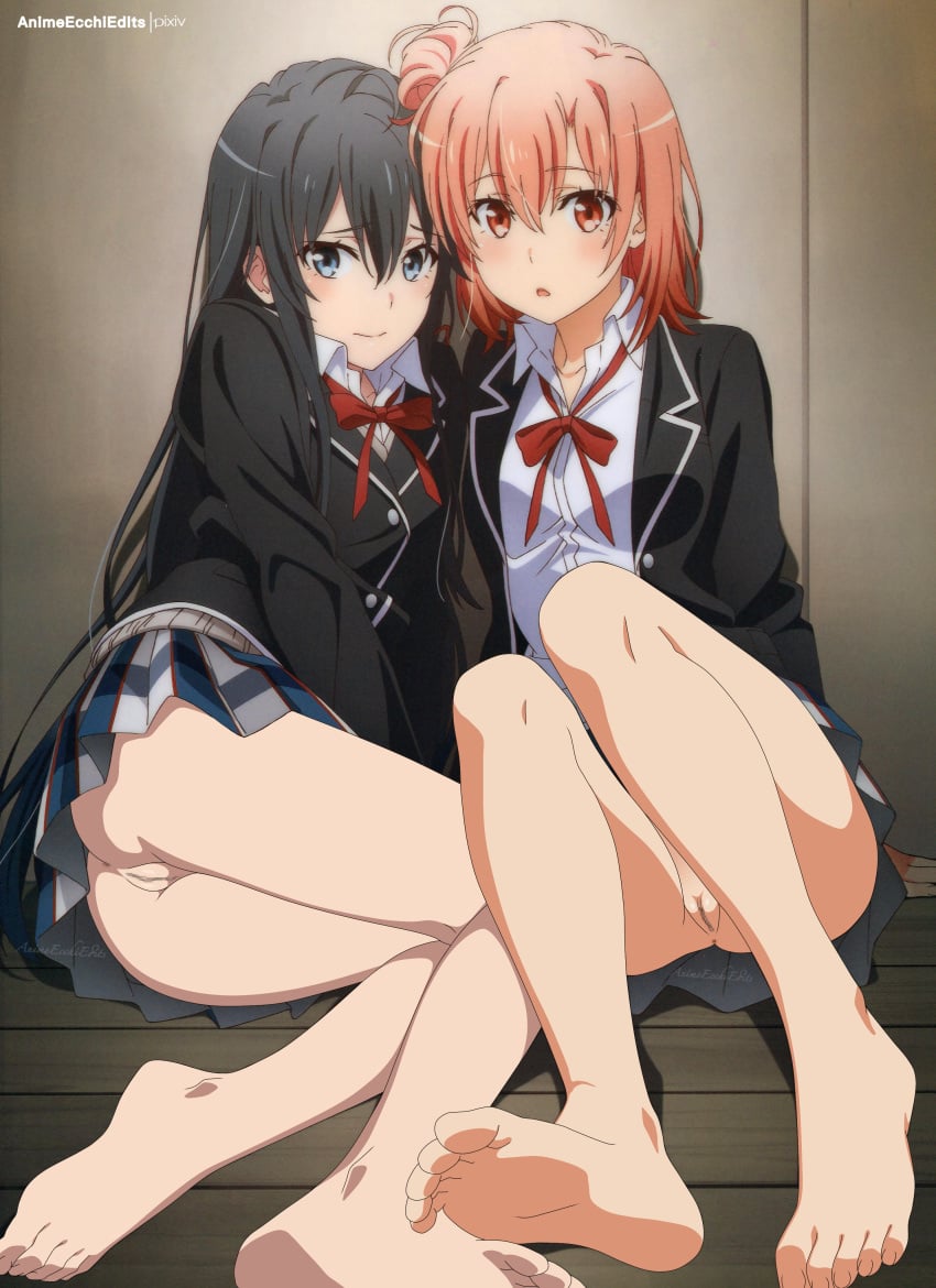 2girls animeecchiedits black_hair censored feet_focus multiple_girls my_teen_romantic_comedy_snafu no_panties pussy school_uniform sobu_high_school_uniform third-party_edit uncensored uncensored_vagina yuigahama_yui yukinoshita_yukino