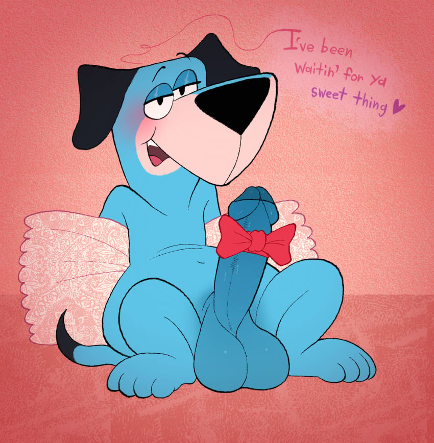 anthro balls blush bow_tie dialogue english_text erection genitals hanna-barbera heart hi_res huckleberry_hound jellystone_(hbo_max) kaboozey looking_at_viewer male male_focus male_only nude penis solo text the_huckleberry_hound_show