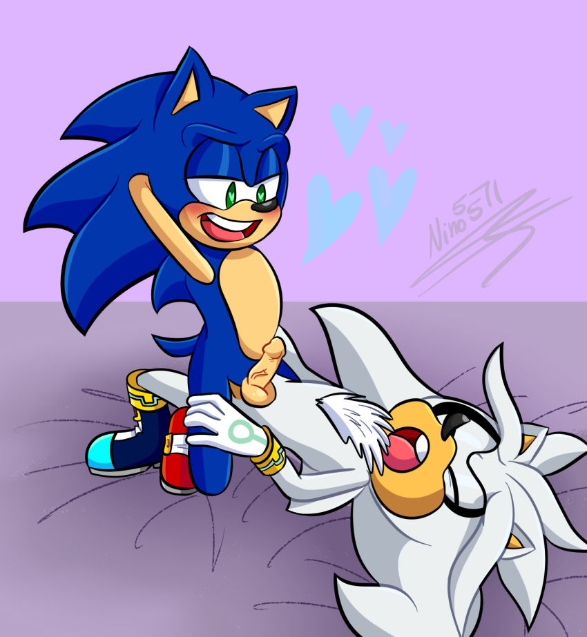 2boys anal anal_sex arms_behind_head arms_up balls blue_fur blush chest_tuft erection green_eyes looking_pleasured ninotrash penis sex silver_the_hedgehog sonic_(series) sonic_the_hedgehog sonic_the_hedgehog_(series) white_fur yaoi