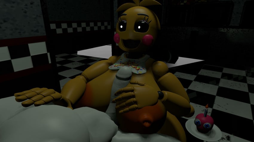 1boy 1girls 3d 3d_(artwork) areolae bib big_breasts breasts female five_nights_at_freddy's five_nights_at_freddy's_2 handjob kneeling male mypenis nipples open_mouth open_smile penis smile toy_chica_(fnaf)