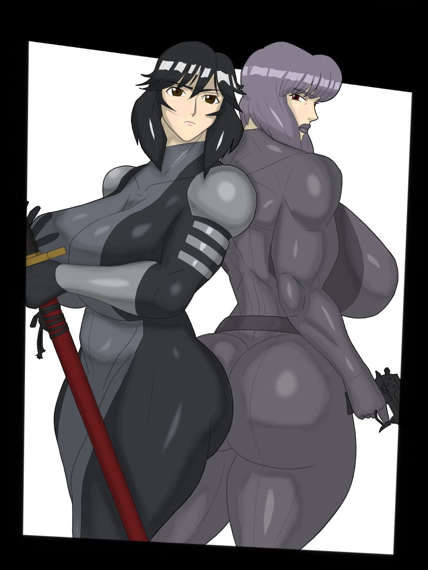 2girls back bodysuit curvy ghost_in_the_shell huge_ass huge_breasts infinite_stratos kusanagi_motoko orimura_chifuyu plump sword thick_thighs weapon wide_hips 鮭延