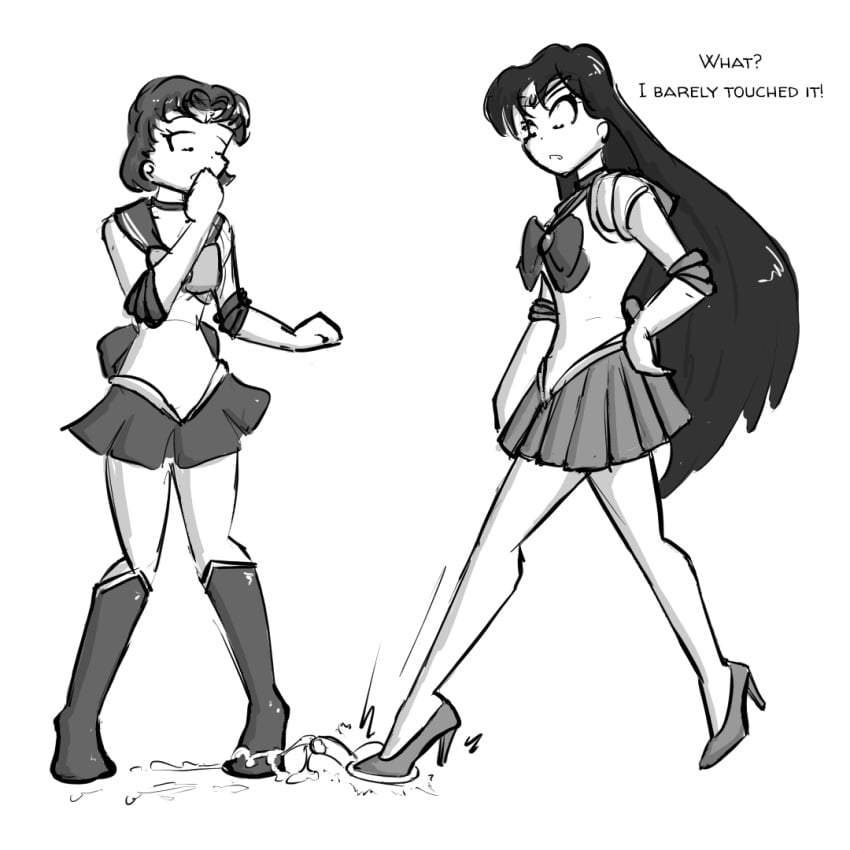 2girls ami_mizuno ballbusting ballbusting_orgasm bishoujo_senshi_sailor_moon black_and_white bootjob boots cbt celera_prime clothing cock_and_ball_torture cum cum_drip cum_on_boots ejaculating_cum ejaculation elbow_gloves elbow_tufts english english_text femdom femdom_caption footjob footjob_with_legwear footjob_with_one_foot gloves high_heel_boots high_heels long_hair miniskirt rei_hino sailor_mars sailor_mercury shoejob short_hair skirt trample under_floor