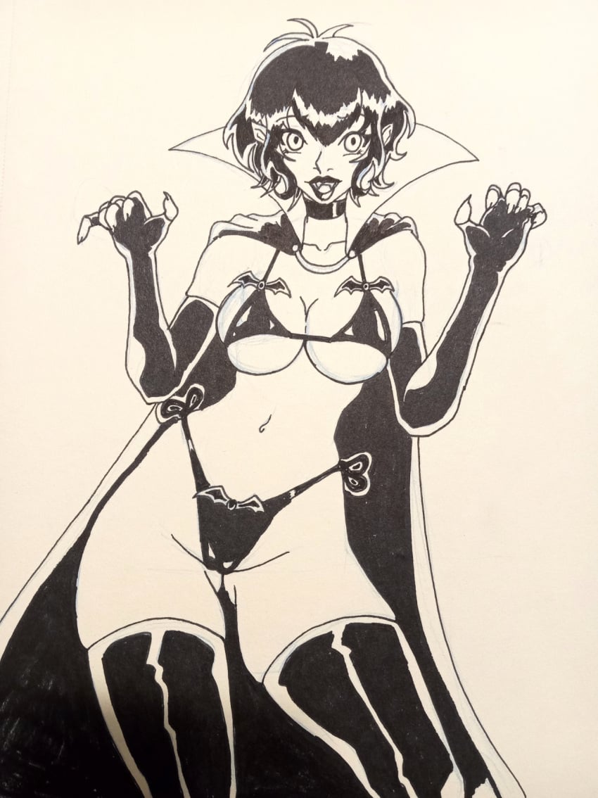 bats black_and_white black_hair black_lipstick black_thighhighs bob_cut cape fangs fingerless_gloves halloween hotel_transylvania kappahoney lipstick mavis_dracula micro_bikini navel pen_(artwork) side_tie_panties themed_lingerie thighhighs thong vampire vampire_girl