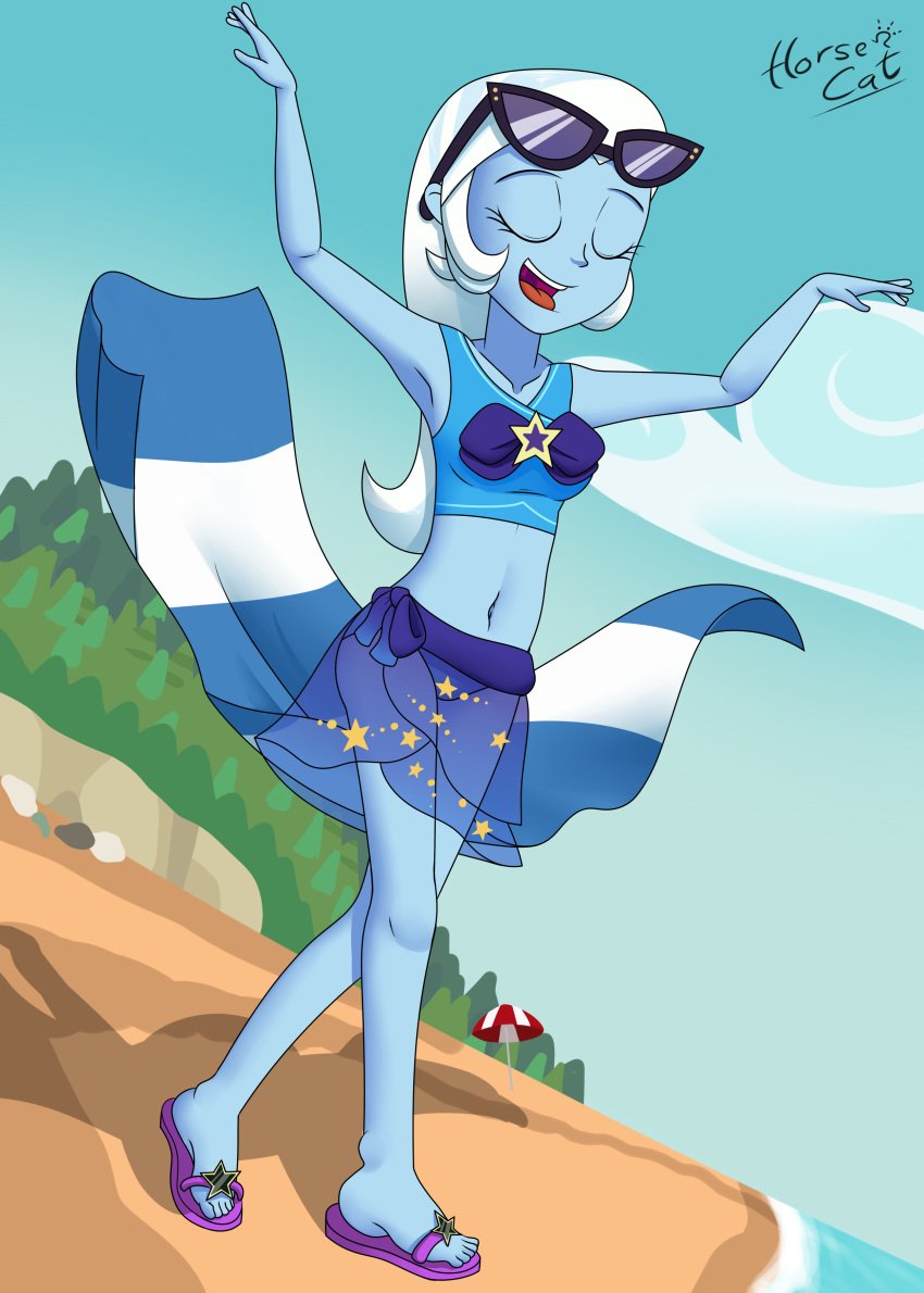 1girls armpits artist_name artist_signature beach bikini bikini_top breasts closed_eyes equestria_girls female female_only friendship_is_magic hasbro hi_res highres horsecat my_little_pony navel open_mouth sandals sarong signature solo solo_female trixie_(mlp) trixie_lulamoon trixie_lulamoon_(eg)