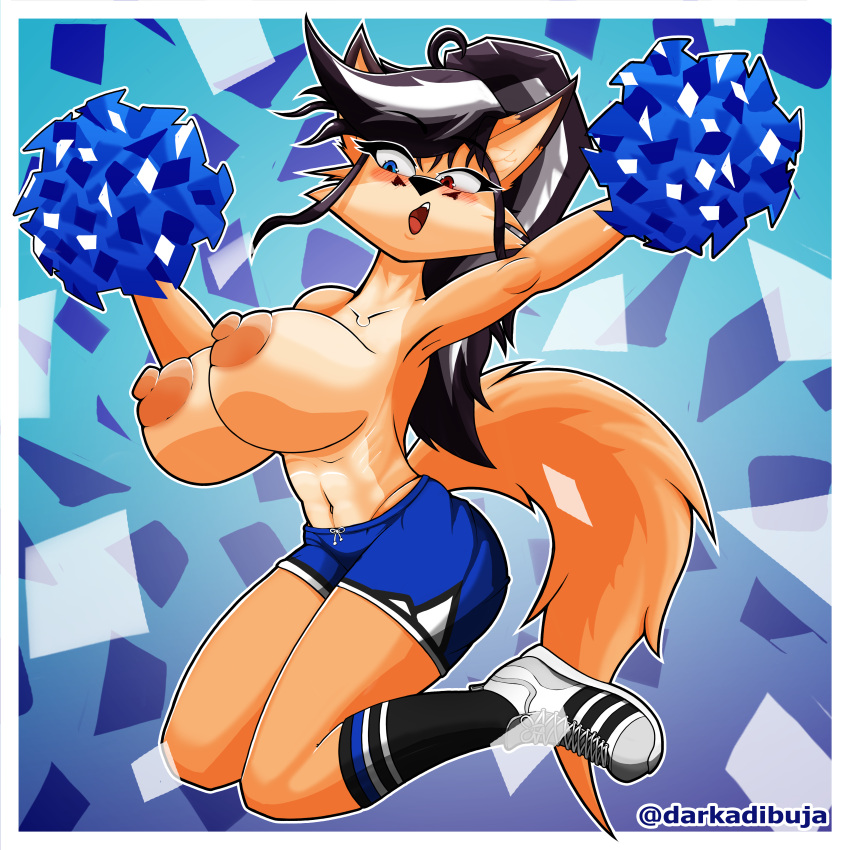 big_breasts blue_eyes cheerleader cheerleader_uniform darkadibuja elizabeth_fox female heterochromia nipples orange_fur red_eyes solo_female topless topless_female