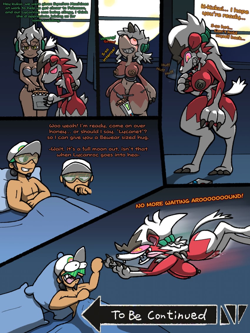 anthro burnet_(pokemon) chabble comic english_text female full_moon fusion in_heat jojo_reference kukui_(pokemon) lycanroc midnight_lycanroc pokemon pokemon_(species) pokemorph synchro_machine text to_be_continued_meme transformation transformation_sequence white_hair