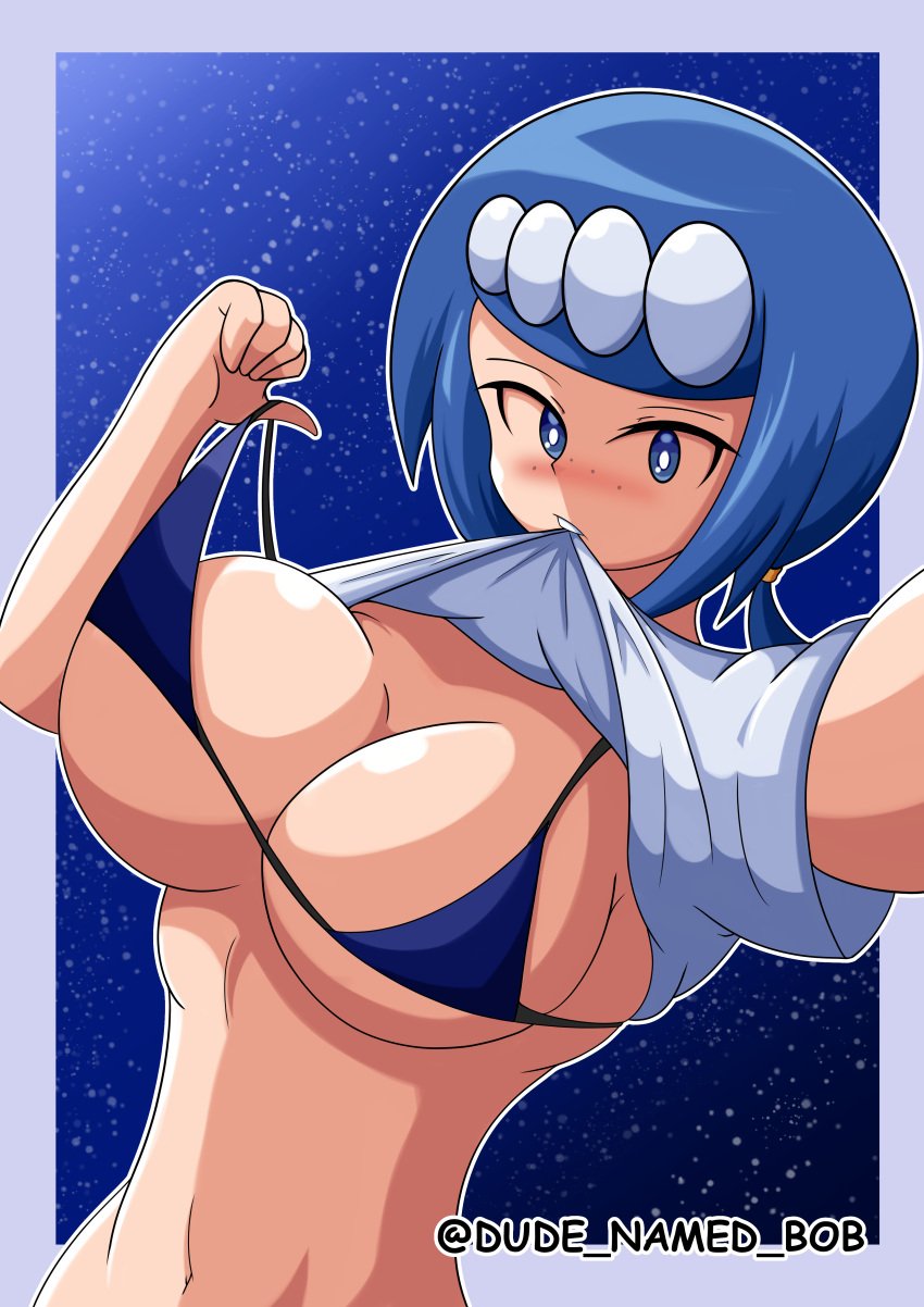 1girls big_breasts bikini bikini_top blue_bikini blue_bikini_top blue_eyes blue_hair blush breasts cleavage dude_named_bob female female_only freckles freckles_on_face game_freak hair huge_breasts lana's_mother_(pokemon) mature mature_female mature_woman milf mother pokemon pokemon_sm shirt shirt_lift shirt_up short_hair solo solo_female topwear white_shirt