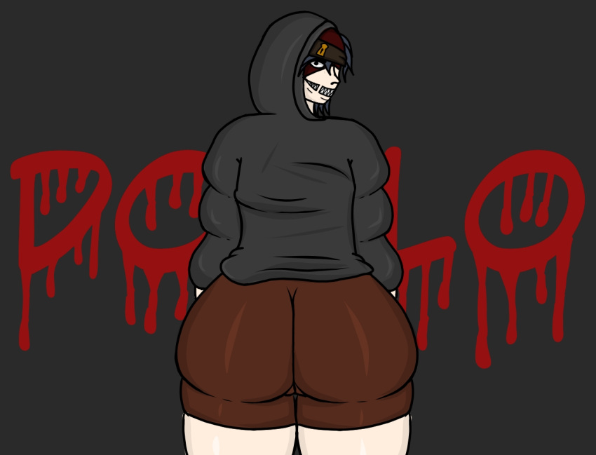 1girls agony_of_the_healthy_sleep ass big_ass big_butt breasts cameltoe creepy dolo_(agony_of_the_healthy_sleep) graffiti hoodie huge_ass looking_at_viewer looking_back open_mouth shorts teeth tight_clothing zz3dy18