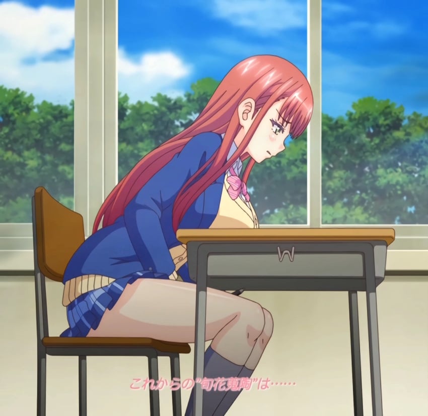 aragaki_miharu female female_masturbation female_only green_eyes masturbation public public_masturbation red_hair school_uniform schoolgirl shunka_shuutou stealth_masturbation